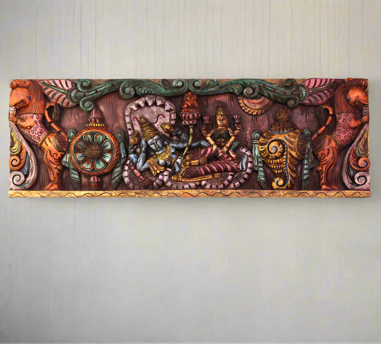 Wooden Hand Carved Wall Panel Vishnu - Laxmi