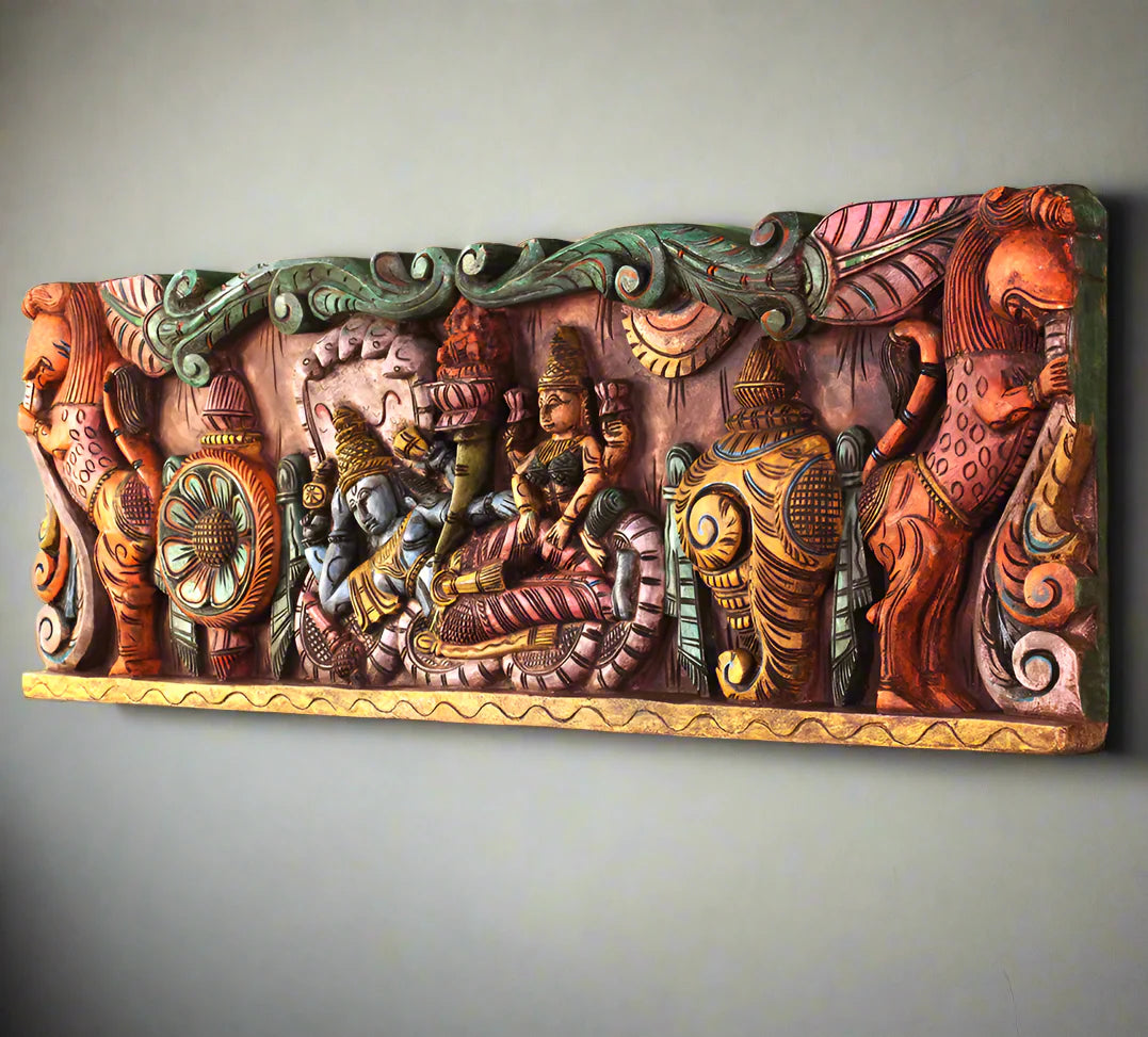 Wooden Hand Carved Wall Panel Vishnu - Laxmi